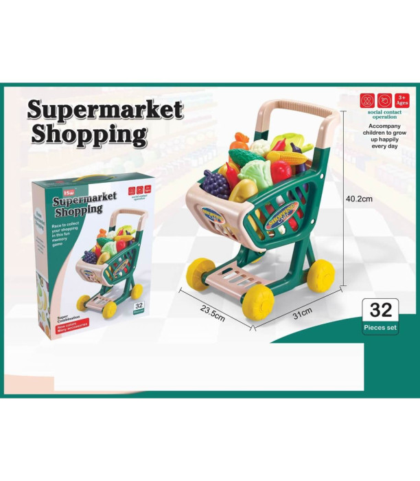 ДЕТСКА ЗЕЛЕНА КОЛИЧКА ЗА ПАЗАРУВАНЕ С ПРОДУКТИ 32 ЧАСТИ Armtoys