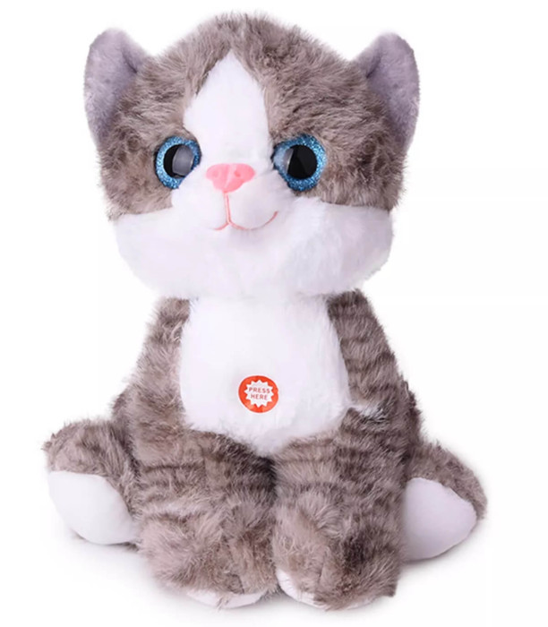 ПЛЮШЕНА КОТКА СЪС ЗВУК 25 СМ СИВА/ОРАНЖЕВА Amek toys
