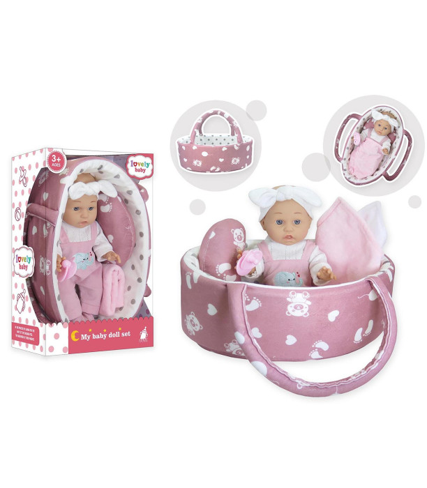 БЕБЕ С КОШ И ВЪЗГЛАВНИЦА В КУТИЯ 34 СМ