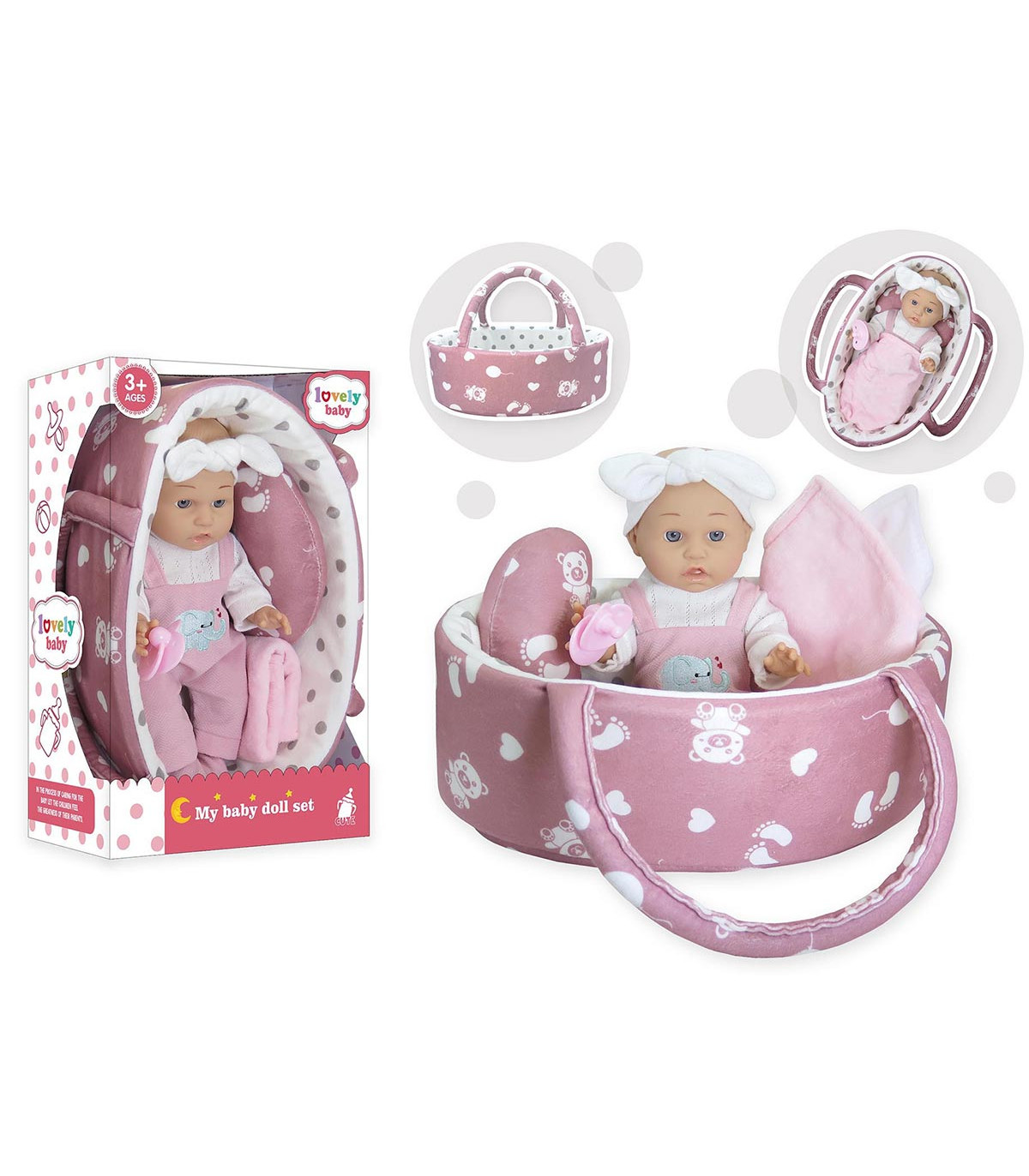 БЕБЕ С КОШ И ВЪЗГЛАВНИЦА В КУТИЯ 34 СМ