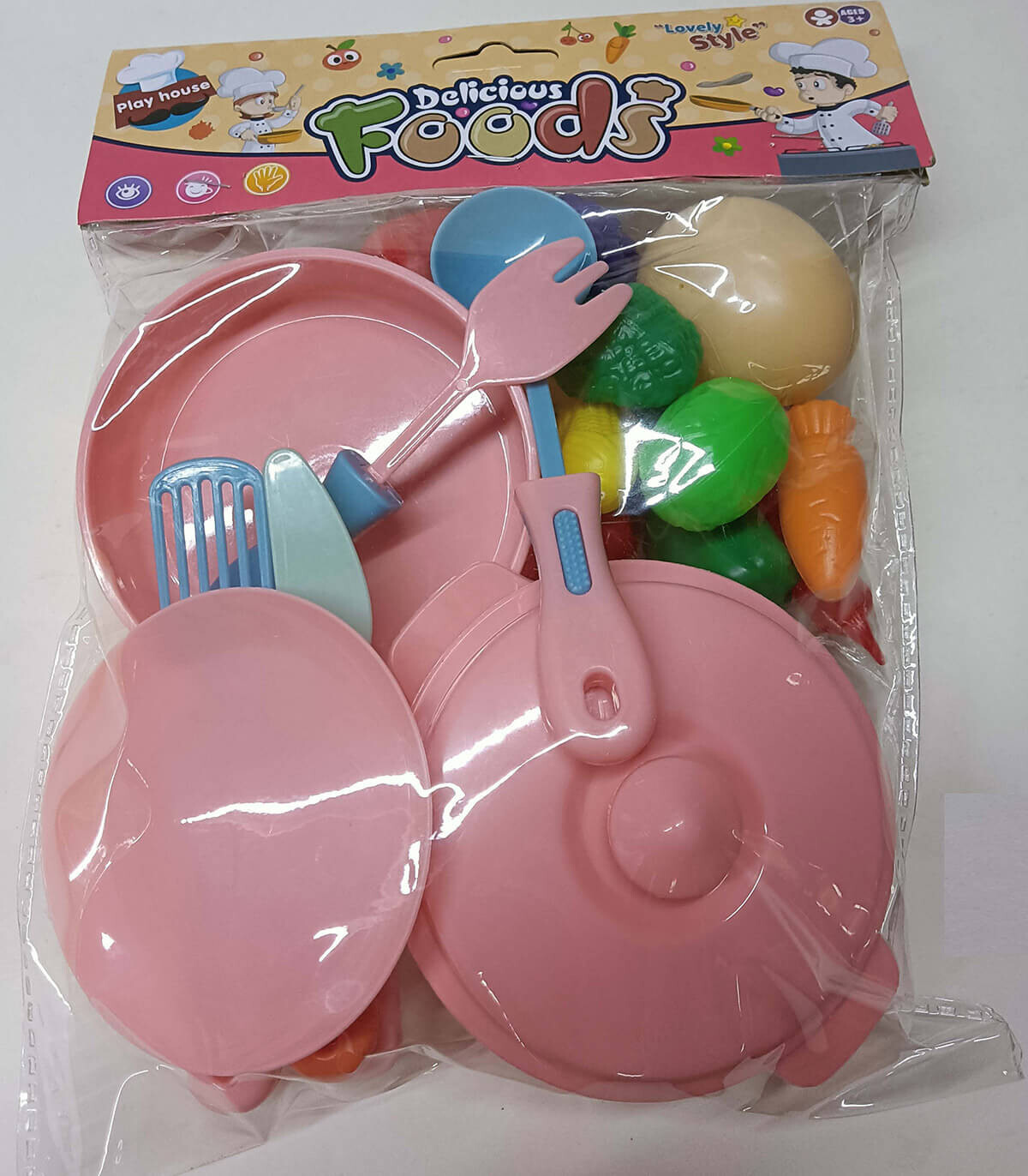 ДЕТСКИ КОМПЛЕКТ ТИГАН И ТЕНДЖЕРА С ПРОДУКТИ В ПЛИК 2 ЦВЯТА - КУХНИ, СЕРВИЗИ И ХРАНИ
