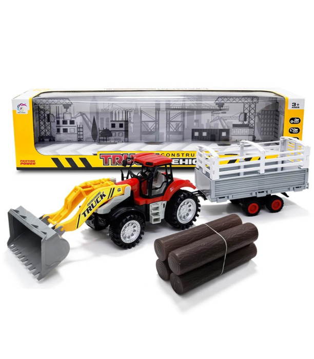 ДЕТСКИ ТРАКТОР С ГРЕБЛО, РЕМАРКЕ И ДЪРВА В КУТИЯ Armtoys